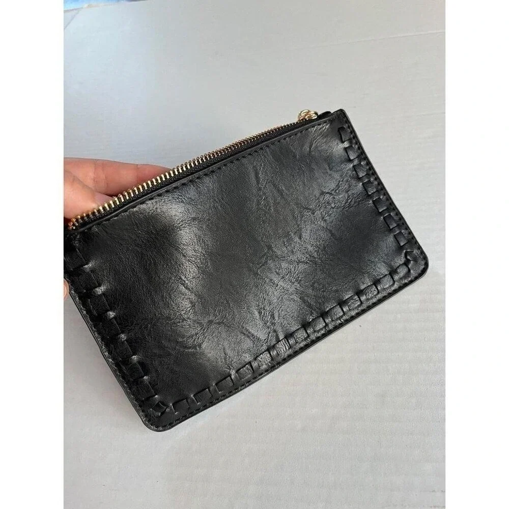 Small Black Onyx Golden Zipped Leather Card Wallet Wristlet Bag
